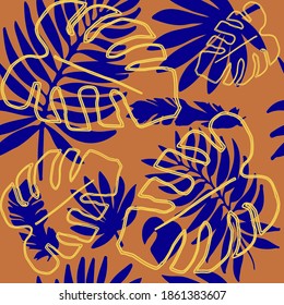 Seamless pattern of Gold and blue palm, banana, and monstera leaves on an orange background. Cute vector background with tropical leaves. Vector illustration in flat style