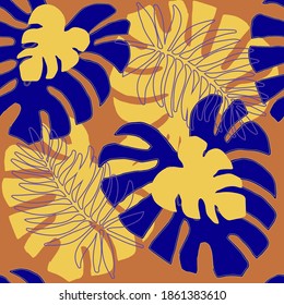 Seamless pattern of Gold and blue palm, banana, and monstera leaves on an orange background. Cute vector background with tropical leaves. Vector illustration in flat style
