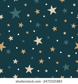 Seamless pattern with gold and blue stars. Dark blue background with starry night sky. Cute Festive Stars Seamless Pattern. Starry Sky Colorful Background. Vector Holiday and Birthday Party Design