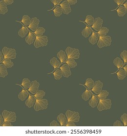 Seamless pattern with gold branches on a green background.