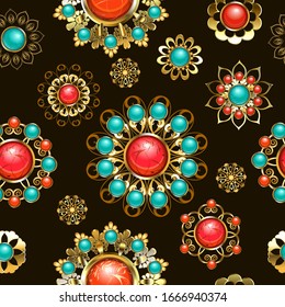 Seamless pattern of gold and brass, ethnic brooches decorated with carnelian, turquoise and jasper on brown background. Ethnic jewelry.