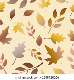 Seamless pattern with gold brown fallen autumn leaves on light background. Elegant simple vintage style. Autumnal backdrop with colorful foliage. Vector illustration for textile, print, wrapping paper