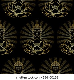 Seamless pattern of gold Buddha and Lotus with beam of light isolated on black background.