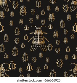 Seamless pattern with gold bugs on a black background