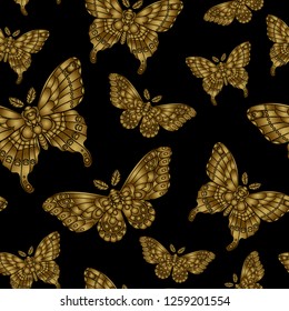 Seamless pattern with gold butteflies on black background. Vector illustration.