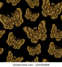 Seamless pattern with gold butteflies on black background. Vector illustration.