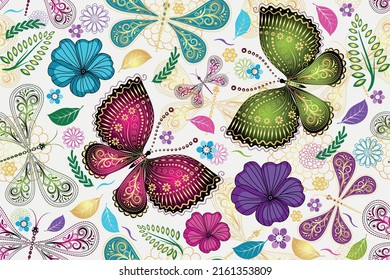 Seamless pattern with gold butterflies, dragonflies, paisley, flowers on the white background. Vector eps 10