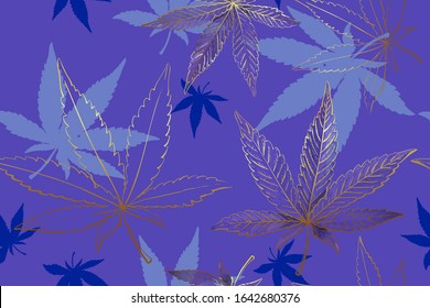 Seamless pattern of gold cannabis leaves. Pattern of blue or lilac marijuana leaf.