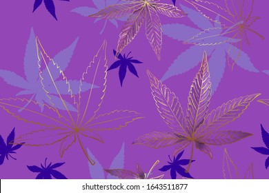 Seamless pattern of gold cannabis leaves. Pattern of pink or lilac marijuana leaf.