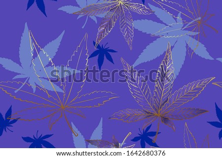 Seamless pattern of gold cannabis leaves. Pattern of blue or lilac marijuana leaf.