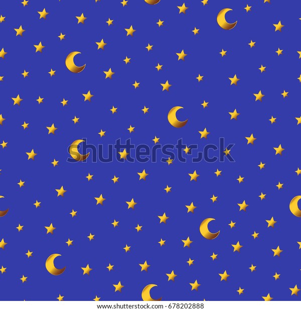 Seamless pattern with gold cartoon\
stars and moons. Good for surface design, textile, fabric,\
wallpaper, wrapping paper, decoupage, scrapbookin, handmade.\
Vector.
