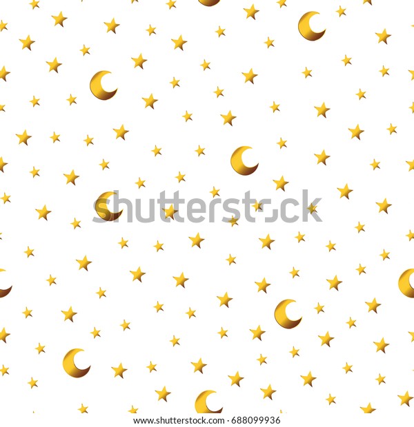 Seamless pattern with\
gold cartoon stars and moons. Good for surface design, textile,\
fabric, wallpaper, wrapping paper, decoupage, scrapbooking,\
handmade. Vector.
