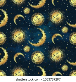 Seamless pattern with gold celestial bodies - moon, sun and stars over blue night sky background. Boho chic fabric print, wrapping paper or textile design hand drawn vector illustration