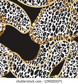 Seamless pattern with gold chain, animal leopard elements and peonies. Vector illustration