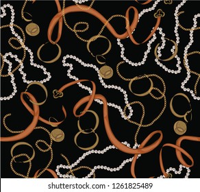 seamless pattern with gold chain, belt and pearls.vector illustration.