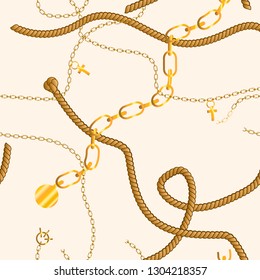 Seamless pattern with gold chain, belt and pearls.vector illustration