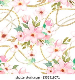 Seamless pattern with gold chain and flowers. Vector illustration. watercolor style