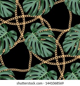 Seamless pattern with gold chain and monstera leaves. Trendy vektor illustration.