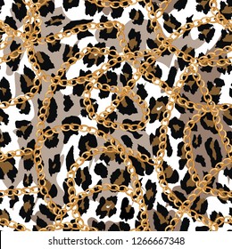 seamless pattern with gold chain on lepard skin , belt and pearls.vector illustration