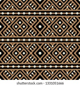 Seamless pattern of Gold chain ornament and pearls on black background. Vector illustration. Can use as background, t shirt design, textile print, clothing and linen, wallpapers, wrapping paper
