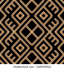 Seamless pattern of Gold chain ornament on black background. Vector illustration. Can use as background, t shirt design, textile print, clothing and linen, wallpapers, wrapping paper