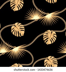 Seamless pattern with gold chain with palm leaves golden pendant. Trendy vektor illustration.