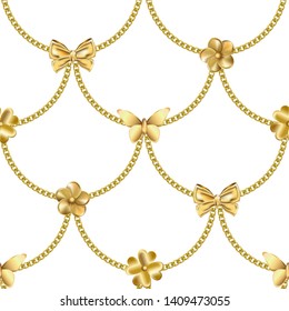 Seamless pattern with gold chain and pendants