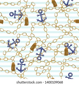 Seamless pattern with gold chain, tassel and anchor. Nautical fashion print. Vector hand drawn illustration.