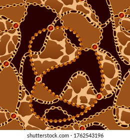 Seamless pattern of gold chains and animal skin texture. Design for textile. Vector image.