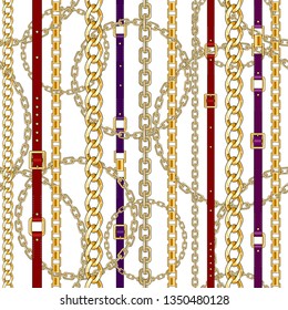 Seamless pattern with gold chains and belts on white background for fabric. Trendy repeating print.