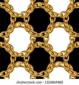 Seamless pattern with gold chains for fabric design on black and white background. Baroque golden vector illustration. 