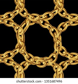 Seamless pattern with gold chains for fabric design on black background. Baroque golden vector illustration. 