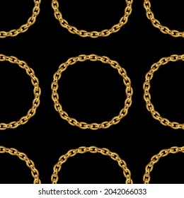 Seamless pattern with gold chains for fabric design on black background. Baroque golden illustration. Gold necklace. Platinum chain with glossy. Luxury shiny jewelry background.