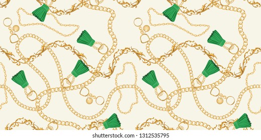 Seamless pattern with gold chains and fashion element decoration design for Scarfs, Wallpaper,Print, Fabric - Vector