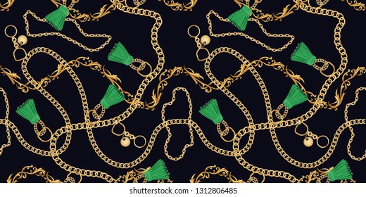 Seamless pattern with gold chains and fashion element decoration design for Scarfs, Wallpaper,Print, Fabric - Vector