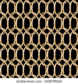 Seamless pattern gold chains, rings, shiny grid. Yellow wire grille isolate on black background, yellow metal wire mesh. Gold and black background. Luxury style texture. Fashine illustration