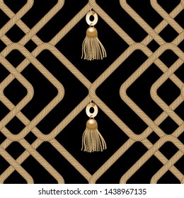 Cadenas doradas sin inconvenientes con tassel. Cuadrícula de alambre amarillo sobre fondo negro, malla de alambre de metal amarillo. Fondo dorado y negro. Textura de lujo. Ilustración de fashina