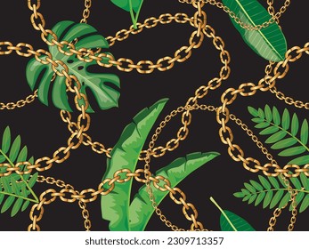 Patrón sin foco de cadenas de oro y hojas tropicales