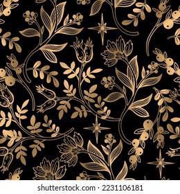 Seamless pattern with gold Christmas elements. Vector