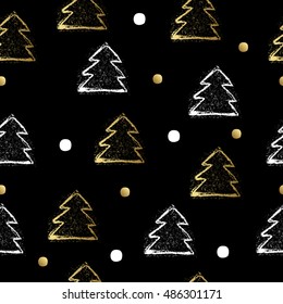 Seamless pattern with gold christmas three and dot. Vector illustration.
