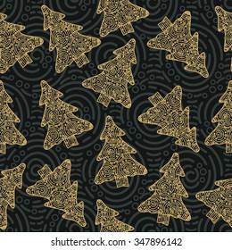 Seamless pattern of gold christmas tree. Stylish winter forest background for the holiday. New year theme. Vector illustration.