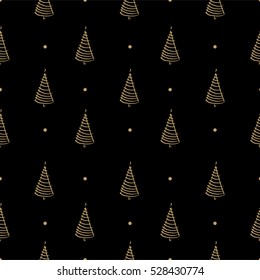 Seamless pattern of gold Christmas tree. Black background.