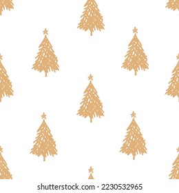 Patrón sin brillo con árboles de Navidad dorados en la ilustración vectorial de fondo blanco.