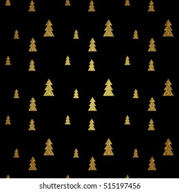 Seamless pattern of gold Christmas trees on black background. Elegant pattern for Christmas or New year, festive banner, card, invitation, postcard. Vector illustration.