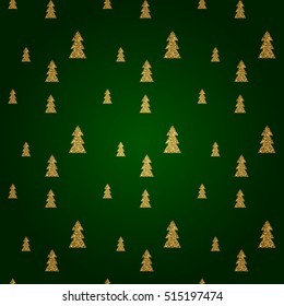 Seamless pattern of gold Christmas trees on green background. Elegant pattern for Christmas or New year, festive banner, card, invitation, postcard. Vector illustration.