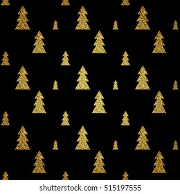 Seamless pattern of gold Christmas trees on black background. Elegant pattern for Christmas or New year , festive banner, card, invitation, postcard. Vector illustration.