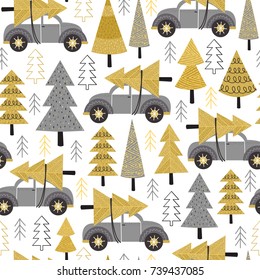 seamless pattern gold Christmas trees and car - vector illustration, eps