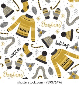 seamless pattern with gold Christmas warm clothes - vector illustration, eps
