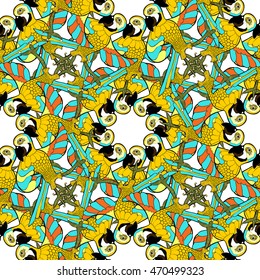 seamless pattern with gold circles dancing fun Caribbean parrot vector illustration