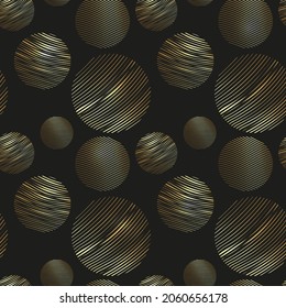 Seamless pattern gold circles doodled. Geometrical pattern with set circle golden color endless background, hand drawn textured geometric figures. Graphic vector illustration isolated on black